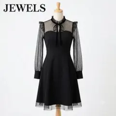 JEWELS チュールレースワンピース ミニ フリルネック リボン ブラック M