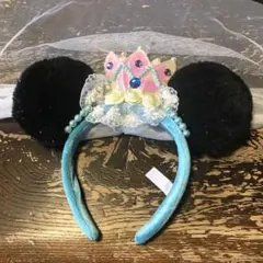 ミニーマウス耳カチューシャ 王冠付き　チュール　ビジュー　パール