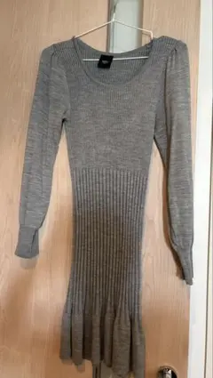 グレー リブ編み 長袖ニットワンピース