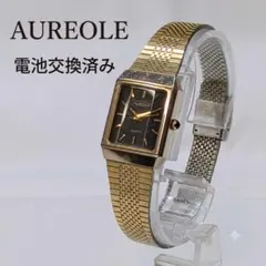 AUREOLE 稼働品 レディース 腕時計 カットガラス スクエア 金×黒 美品のサムネイル