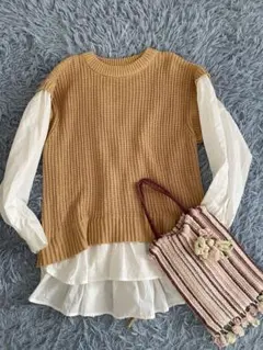 VIS ビス　レイヤードニットベストドッキングニットベージュX白