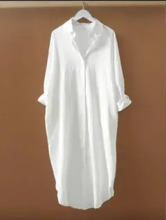 ホワイト シャツドレス 長袖 ボタンアップ