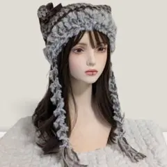 ☆アースカラー☆ ハンドメイド 猫耳ニット帽 リボン付き y2k グランジ
