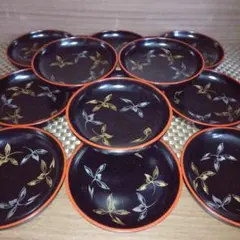 漆器 【輪島塗】菓子皿・銘々皿 黒地赤縁 金銀花模様　12枚セット