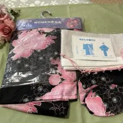 【新品未使用】浴衣 帯セット 黒地 ピンク花柄　紐　巾着5点セット　ユニクロのサムネイル