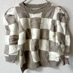 &merci 【S】ベージュとホワイトのチェック柄 長袖 ニット 冬