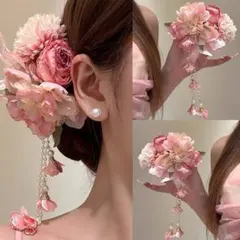ピンク系花飾り・パール付き髪飾り