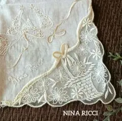 NINA RICCI ニナリッチ ハンカチ レース 刺繍 ホワイト 綿 鳥 花籠