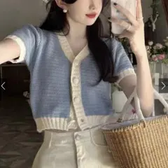 GRL 配色リブVネックショート丈ニットカーディガン