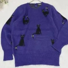 【Tomomi】パープル 黒猫刺繍 長袖ニットセーター レディース 1539