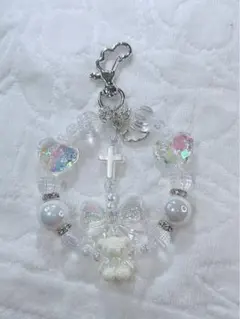 ビーズストラップ ストラップ チャーム 韓国 ホワイト くま リボン ハート