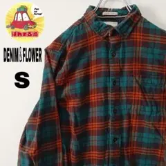 usa古着 DENIM＆FLOWER　ネルシャツS　グリーン　オレンジ　チェック