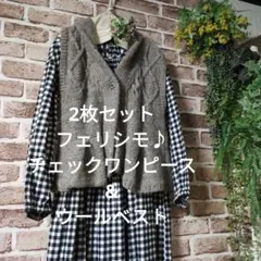 お買い得2枚セットフェリシモ♪チェックワンピース&ウールベスト