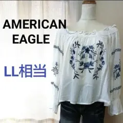 AMERICAN EAGLE オフショル 刺繍 トップス 白 青 LL相当 薄手