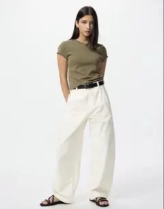 ユニクロ ジャージーバレルレッグパンツ ホワイト L