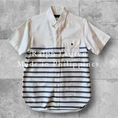 【RALPH LAUREN】半袖シャツボーダー白ネイビーポニー刺繍美品M相当