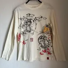 和柄デザイン 長袖Tシャツ 雷神×風神×桜 M