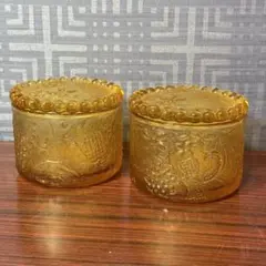 昭和レトロ アンバーガラス 鳥花柄 キャンディーポット 蓋付きガラス容器 2個