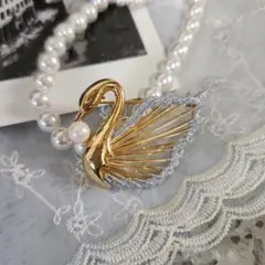 白鳥デザイン ブローチ パール付き 真珠 レトロ ヴィンテージ