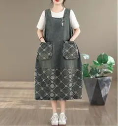 新品 大きいサイズ デニム ワンピース 春夏 ジャガード サロペットl1