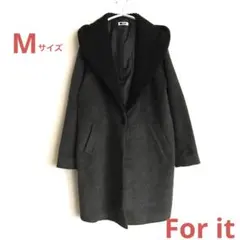 For it ニットフード付きロングコート ダークグレー M