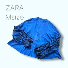 美品 ZARA ボリュームスリーブ カットワーク刺繍 ブラウス ブルー M