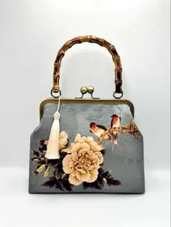 【ハンドメイド】がま口 ハンド バッグ バンブー 持ち手 2点セット　#699 ハンドメイド】がま口 ハンド バッグ バンブー 持ち手 2点セット #699