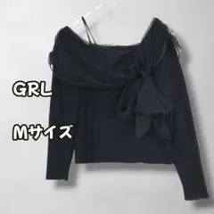 S0569　ニットトップス　ワンショル　チュールリボン　ブラック　M
