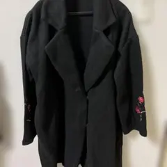 オーバーサイズ黒ロングコート 花柄刺繍