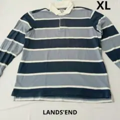 LANDS'END ラガーシャツ ネイビー グレー ストライプ