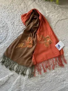 パシュミナ　花柄刺繍ストール オレンジブラウン￼ 大判ストール