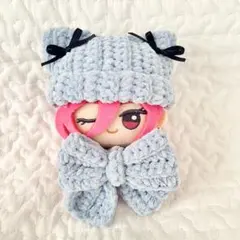 ちびぐるみ ぬい服 猫耳ニット帽 リボンセット ラメライトブルー 編み物