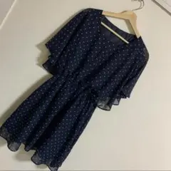 ネイビー ドット柄 半袖 ロングワンピース
