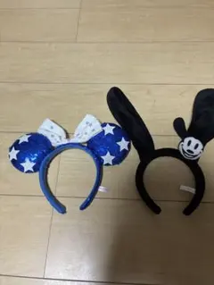 ミッキー　ミニー　スパンコール耳とオズワルド耳のカチューシャセット