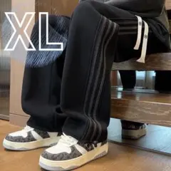 ストレートパンツ XL ブラック サイドライン 裾ドローコード ジャージ 韓国風