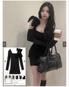 ワンショルダーパールリボンリブニットミニワンピース