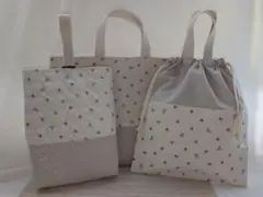 ハンドメイド、入園入学3点、ぷっくりハート、韓国生地、女の子、リボン×生成