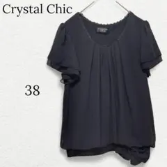 1303【レストローズ】フリル袖シフォンブラウス リボン 花柄レース 黒 38