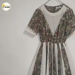 【美品】ワンピース　リーフ柄　レトロ　ヴィンテージ　くすみカラー　ガーリー　総柄