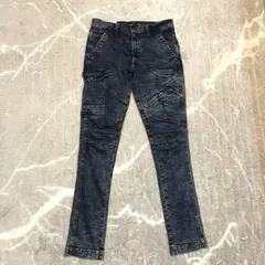 【極美品】寅壱ワークパンツ　デニムパンツ　ストレッチ膝切り替え　シワ加工ギミックのサムネイル