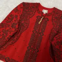 ヴィンテージ 花柄 総柄 ニット カーディガン ビーズ フリンジ ラメ 11号