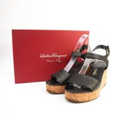サルヴァトーレフェラガモ 8 24.5 ウェッジソールサンダル ブラック 箱付