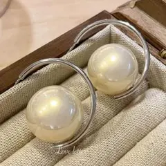 No.356A ビックパールフープピアス シルバー 韓国 上品 パーティー