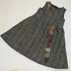 べべ　Bebe ノースリーブワンピース　グレー　花柄刺繍　ヘリンボーン　130