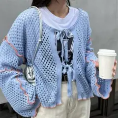 HELLO.SANFRANCISCO メッシュリボンカーディガン ブルーのサムネイル