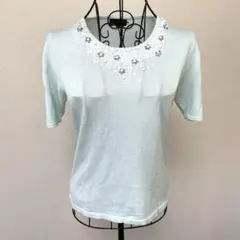 LANVIN ミントグリーン 半袖Tシャツ ビーズ装飾　綿50%レーヨン50%のサムネイル