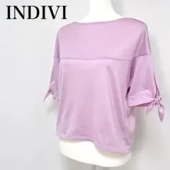▽ INDIVI ボートネックブラウス 半袖 袖リボン カットソー 無地 38のサムネイル