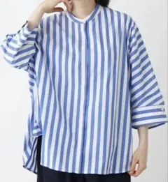 現行　レリアン　大きいサイズ　13+ ストライプバンドカラーシャツ　XL 水色白