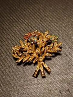 カラフルストーン付き 木のゴールドブローチ