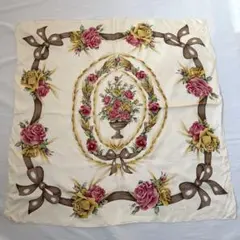 未使用級 ディオール シルク スカーフ 大判 花柄 ロゴ ローズ リボン